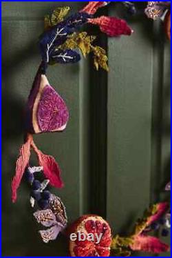 Anthropologie Rumi Fig Floral Wreath Christmas Botanical Beaded Embellished NEW