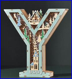 Anthropologie Wooden Monogram Wonderland Light-Up Scene Christmas Letter Y New