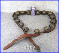 Antique Christmas 15 Graduated Brass Horse Winter Sleigh Bells w Leather Strap