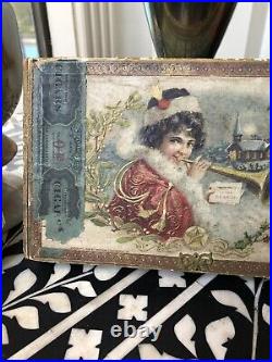 Antique Vintage Merry Christmas Cigar Label Cigar Wood Box With Dresden Trim
