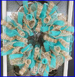 Aqua Blue and Burlap/Jute Deco Mesh Wreath Home Decor Pool Party Decoration