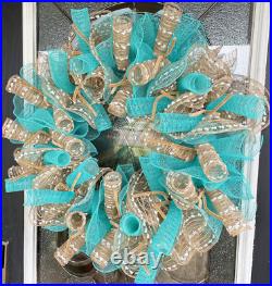 Aqua Blue and Burlap/Jute Deco Mesh Wreath Home Decor Pool Party Decoration
