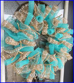 Aqua Blue and Burlap/Jute Deco Mesh Wreath Home Decor Pool Party Decoration