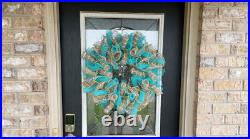 Aqua Blue and Burlap/Jute Deco Mesh Wreath Home Decor Pool Party Decoration