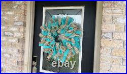 Aqua Blue and Burlap/Jute Deco Mesh Wreath Home Decor Pool Party Decoration
