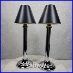 Art Deco Mechanical Candle Holders Pair Chrome Black Metal Shade Spring Loaded