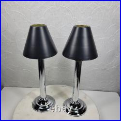 Art Deco Mechanical Candle Holders Pair Chrome Black Metal Shade Spring Loaded