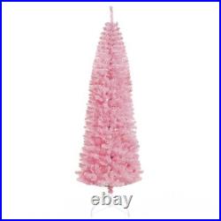 Artificial Christmas Trees, Collapsible Pink Pencil Tree with Metal Stand 7ft