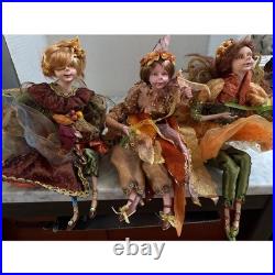 Autumn Harvest Fairy Shelf Sitter Dolls Orange Green Gold 14 Inch Set of 3