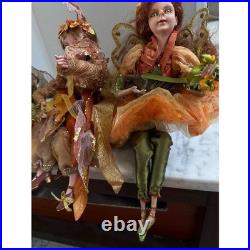 Autumn Harvest Fairy Shelf Sitter Dolls Orange Green Gold 14 Inch Set of 3