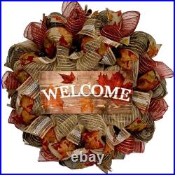 Autumn Leaves Welcome Deco Mesh Wreath Handmade Deco Mesh Autumn Leaves Welcome Deco Mesh Wreath Handmade Deco Mesh