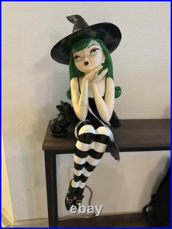 BELLA LUX Green Hair Witch With Cat Large Shelf Sitter Figurine Halloween Decor