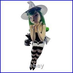 BELLA LUX Green Hair Witch With Cat Large Shelf Sitter Figurine Halloween Decor