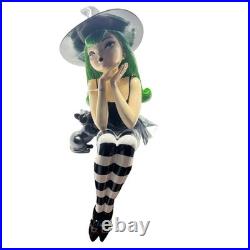 BELLA LUX Green Hair Witch With Cat Large Shelf Sitter Figurine Halloween Decor