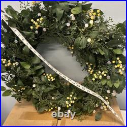 Balsam Hill-Light Issue- White Berry Cypress Wreath 34 Prelit $229 NEWithOpen Box