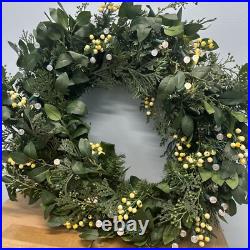 Balsam Hill-Light Issue- White Berry Cypress Wreath 34 Prelit $229 NEWithOpen Box