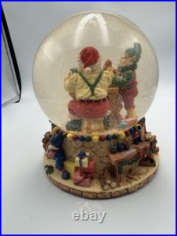 Beautiful Holiday Christmas Large Snow Globe Water Globe Santa & Elf w Music Box