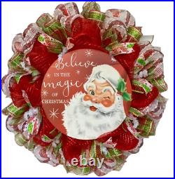 Believe In The Magic of Christmas Santa Claus Deco Mesh Handmade Wreath