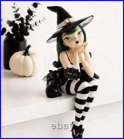 Bella Lux Halloween Witch 24 inch Shelf Sitter Black Cat Green Hair Striped NEW