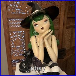 Bella Lux Halloween Witch 24 inch Shelf Sitter Black Cat Green Hair Striped NEW