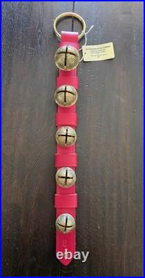 Belsnickel Barn USA Red Leather Strap 5 Brass Sleigh Bells Xmas Door Hanger 22