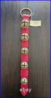 Belsnickel Barn USA Red Leather Strap 5 Brass Sleigh Bells Xmas Door Hanger 22