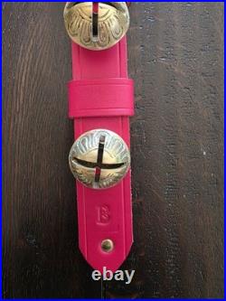 Belsnickel Barn USA Red Leather Strap 5 Brass Sleigh Bells Xmas Door Hanger 22