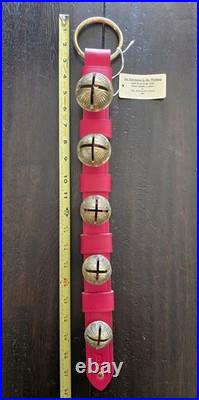 Belsnickel Barn USA Red Leather Strap 5 Brass Sleigh Bells Xmas Door Hanger 22