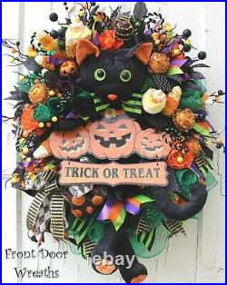 Black Cat Halloween Wreath Trick or Treat sign Candy Corn Cupcakes Sprinkles