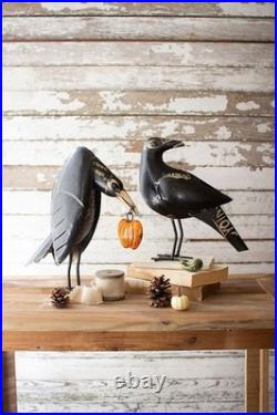 Black Crow Set 2 Crows and Pumpkin Reclaimed Metal Fall Decor Country Farmhouse