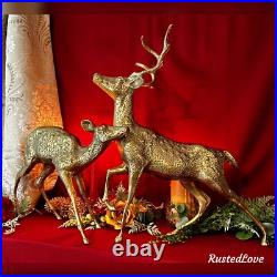 Brass Deer Christmas Holiday Statues Centerpiece Gold Reindeer Rustic Cabin LG