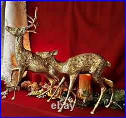 Brass Deer Christmas Holiday Statues Centerpiece Gold Reindeer Rustic Cabin LG