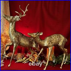 Brass Deer Christmas Holiday Statues Centerpiece Gold Reindeer Rustic Cabin LG