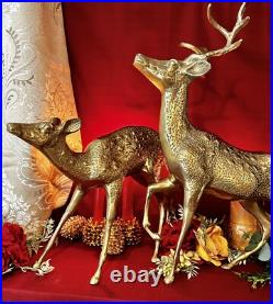 Brass Deer Christmas Holiday Statues Centerpiece Gold Reindeer Rustic Cabin LG