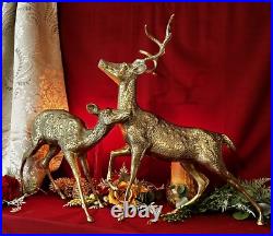 Brass Deer Christmas Holiday Statues Centerpiece Gold Reindeer Rustic Cabin LG
