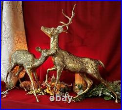 Brass Deer Christmas Holiday Statues Centerpiece Gold Reindeer Rustic Cabin LG