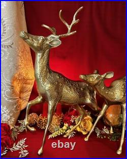 Brass Deer Christmas Holiday Statues Centerpiece Gold Reindeer Rustic Cabin LG
