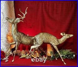 Brass Deer Christmas Holiday Statues Centerpiece Gold Reindeer Rustic Cabin LG