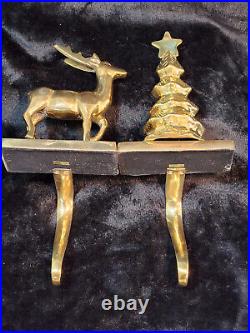 Brookstone Brass Tree & Reindeer Christmas Stocking Holder Heavy Lot of 4 Vtg