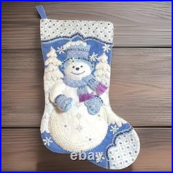 Bucilla Finished Snowman Christmas Stocking 16in Felt Sequin Beaded Blue