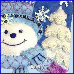 Bucilla Finished Snowman Christmas Stocking 16in Felt Sequin Beaded Blue