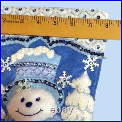 Bucilla Finished Snowman Christmas Stocking 16in Felt Sequin Beaded Blue