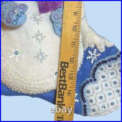 Bucilla Finished Snowman Christmas Stocking 16in Felt Sequin Beaded Blue