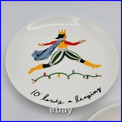 CRATE & BARREL Appetizer Plates Red Metal Stand 12 days of Christmas Porcelain