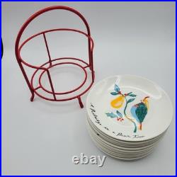 CRATE & BARREL Appetizer Plates Red Metal Stand 12 days of Christmas Porcelain
