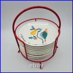 CRATE & BARREL Appetizer Plates Red Metal Stand 12 days of Christmas Porcelain