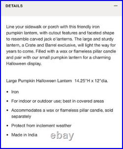 CRATE and BARREL Large Halloween Pumpkin LUMINARY Jack O' Lantern-NEW IN BOX