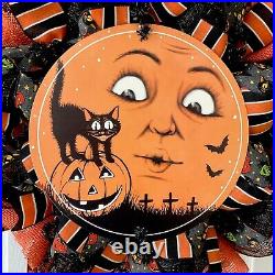 Cat By The Moon Halloween Old Fashioned Wreath Handmade Deco Mesh Cat By The Moon Halloween Old Fashioned Wreath Handmade Deco Mesh