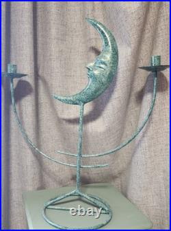 Celestial Crescent Moon Candelabra Verdigris Patina Metal Heavy Sculptural Decor