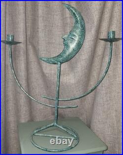 Celestial Crescent Moon Candelabra Verdigris Patina Metal Heavy Sculptural Decor